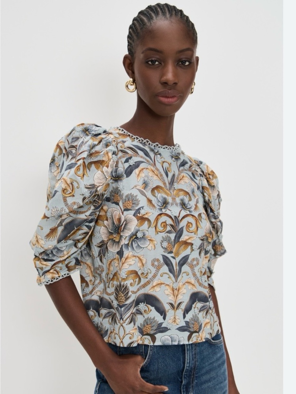 Farm Rio Snake Garden Bkue 3D Blouse. Size Small. EUC